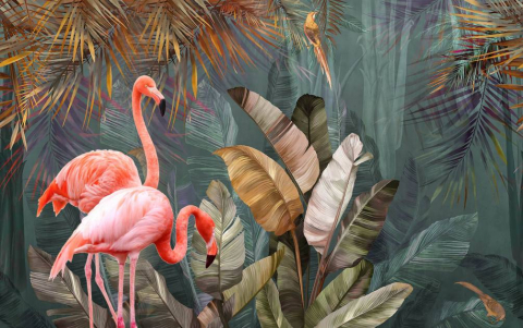 Фотообои Пара фламинго в тропиках в интерьере. Вариант 