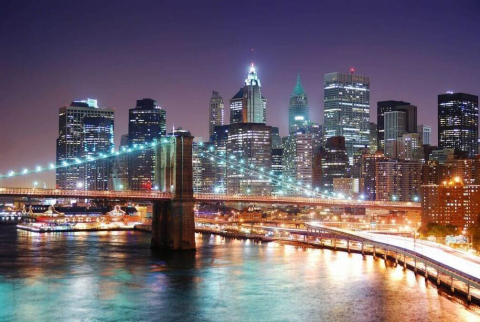 Фотошпалери Бруклінський міст в нічному Нью-Йорк в интерьере. Вариант 25
