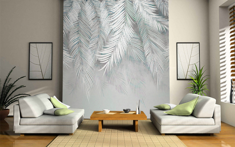 Фотообои Пушистые листья пальмы в светлых тонах в интерьере. Вариант 6