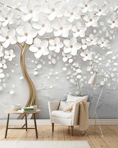 Фотошпалери Дерево з білими квітами в интерьере. Вариант 12