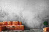 Фотошпалери Чорно-біла стіна гранж з тропічним листям в интерьере. Вариант 2