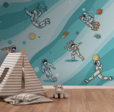 Фотообои Космонавты играют в футбол и баскетбол в интерьере. Вариант 2