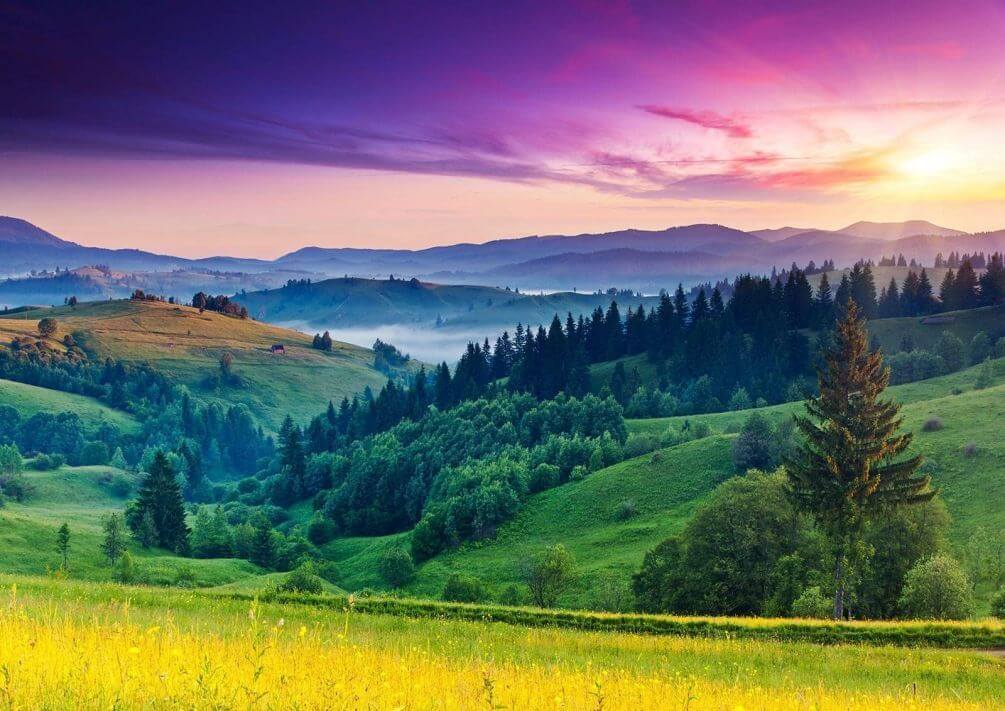 Фотообои Фиолетовое небо, горы и поля
