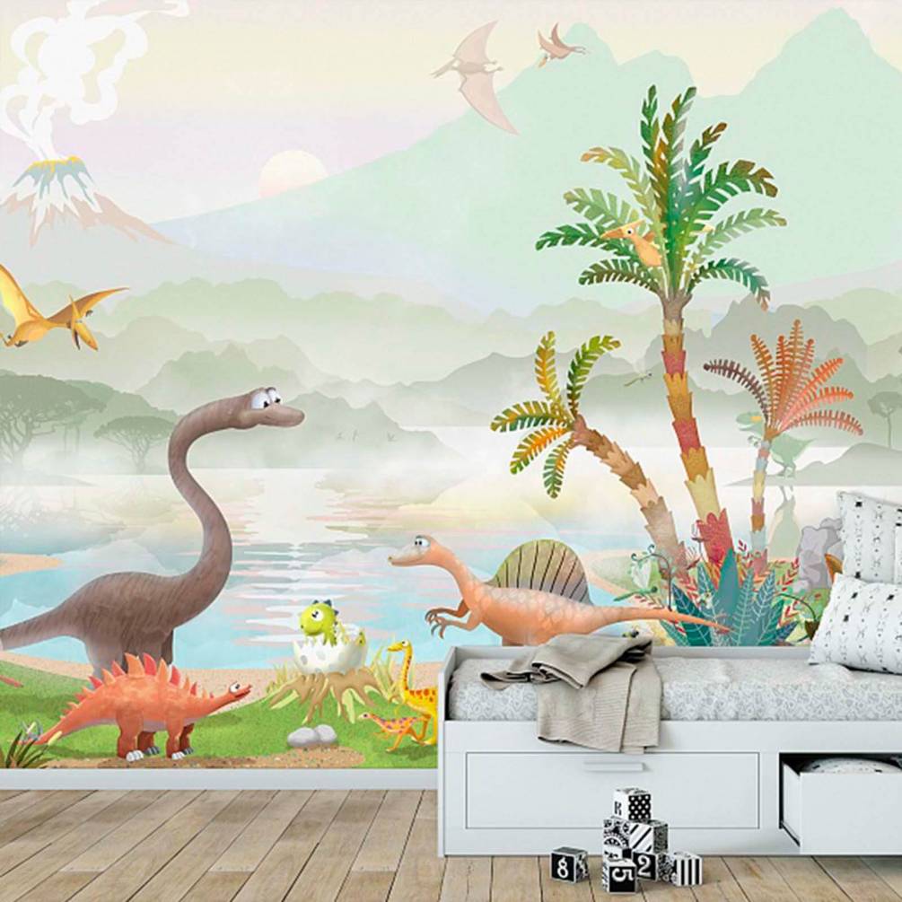 Фотообои Динозавры на фоне озера с пальмами