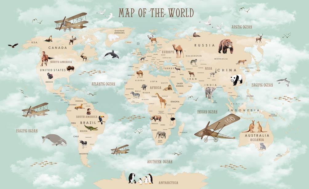 Фотообои Карта мира с животными и самолетами