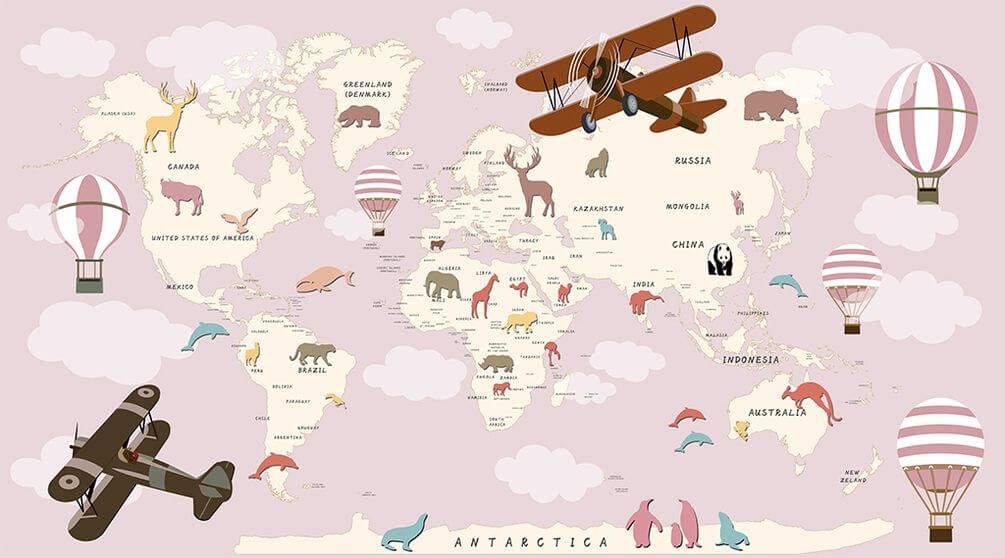 Фотошпалери Рожева карта світу з тваринами