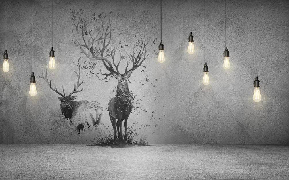 Фотообои Олень, на рогах листья, лампы, серый