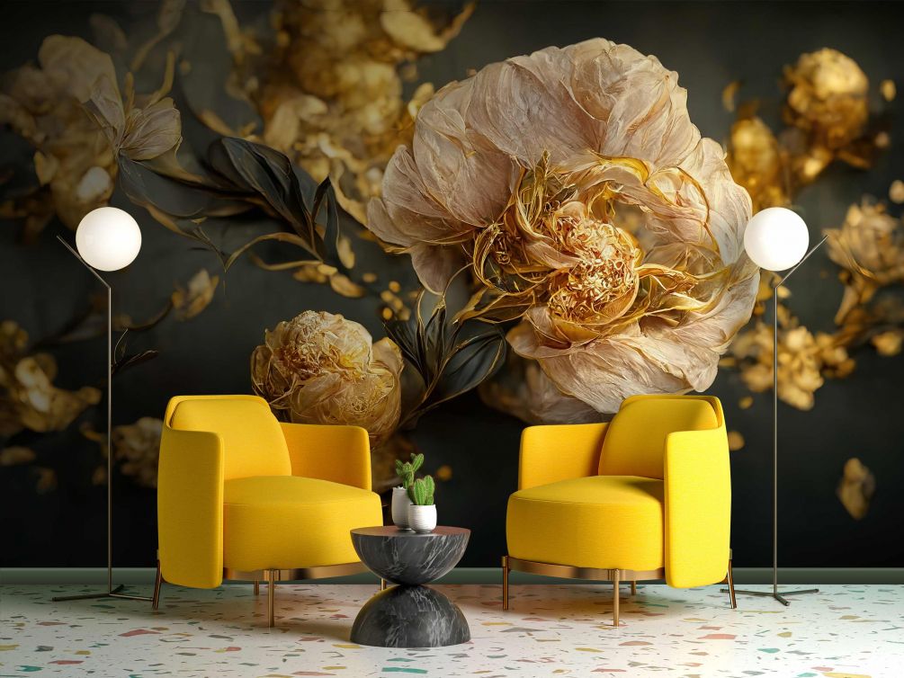 Фотообои 3D цветы золото
