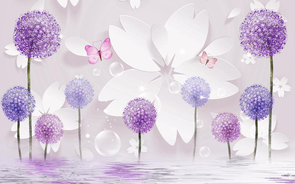 Фотообои Белый цветок с сиреневыми одуванчиками
