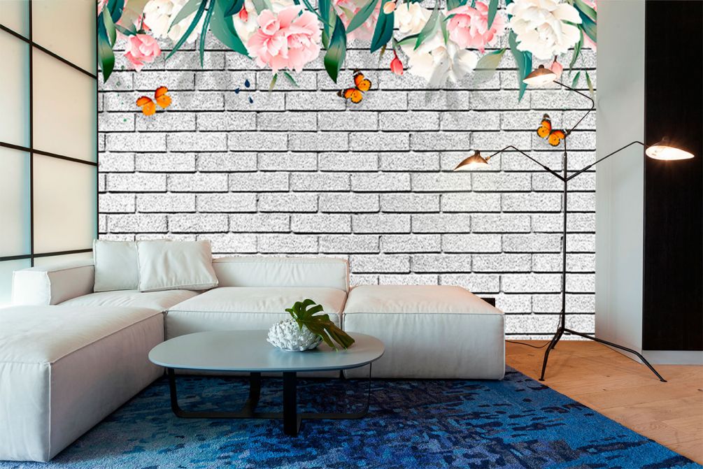 Фотообои Цветы и бабочки на кирпичной стене