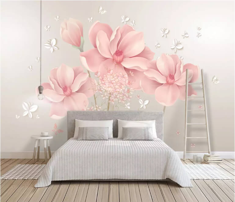 Фотообои Розовые цветы и бабочки