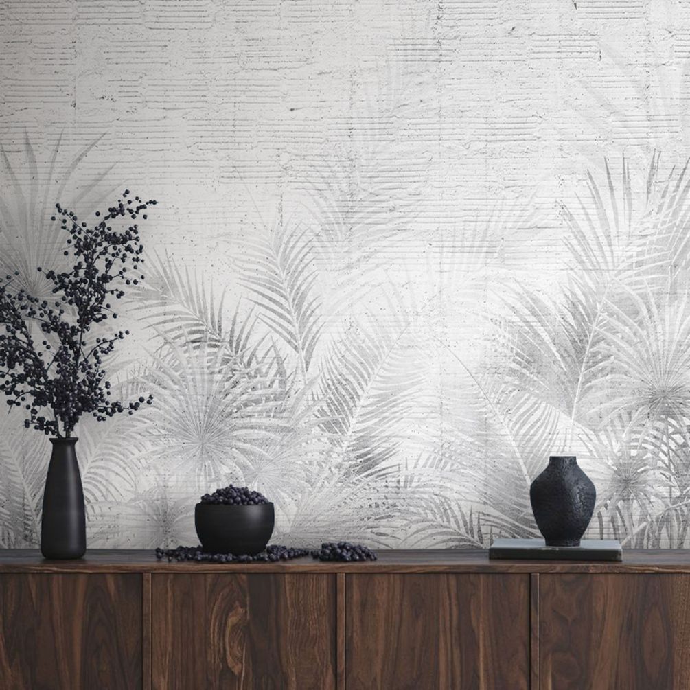 Фотообои Черно-белая гранж стена с тропическими листьями