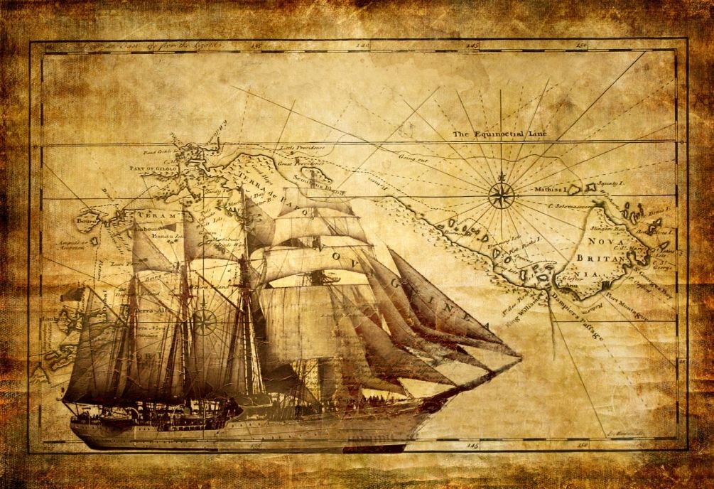 Фотообои Корабль с парусами на фоне карты
